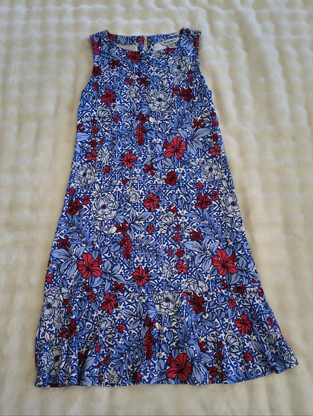 Tommy Bahama Darcy Geo Garden Flounce Dress Floral Ponte Shift Blue Size Medium - Picture 2 of 5